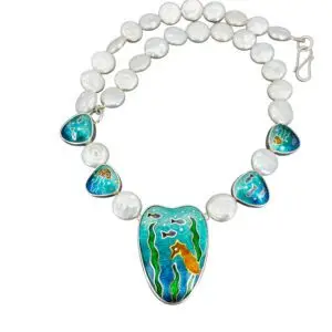Seahorse in Kelp Forest necklace with freshwater pearls